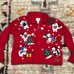 Snowman holiday ugly Christmas sweater with poms